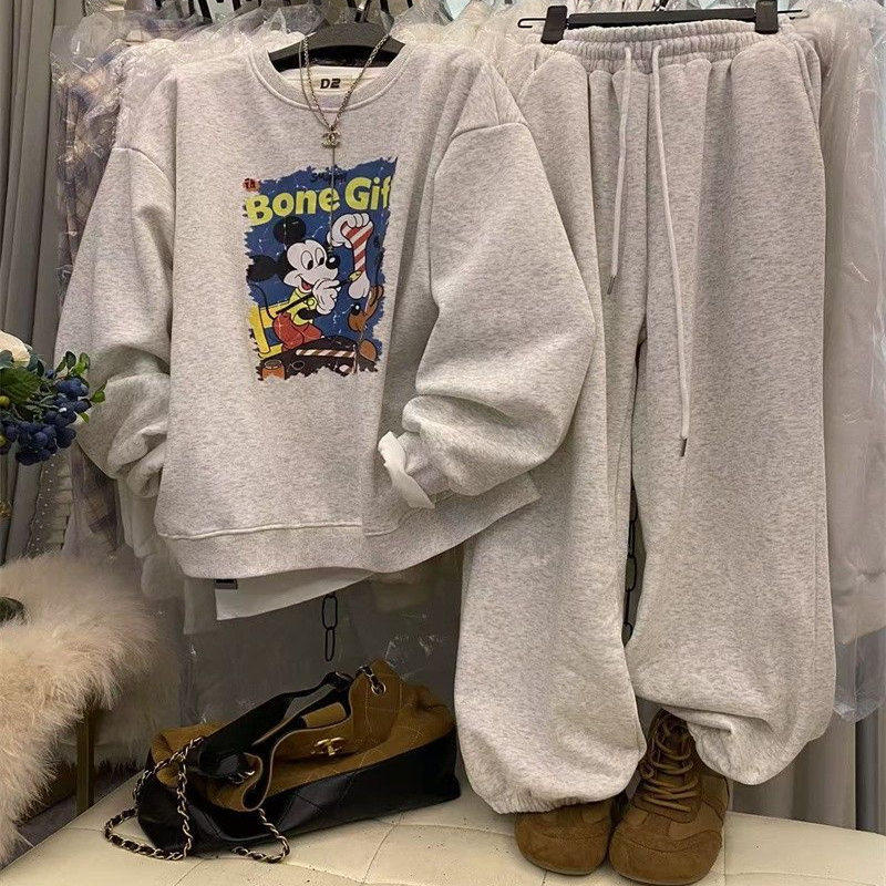 秋冬大码加绒加厚休闲米奇套装男女款300斤宽松卫衣阔腿裤两件套,淘宝优惠券,粉丝福利购,淘宝优惠卷