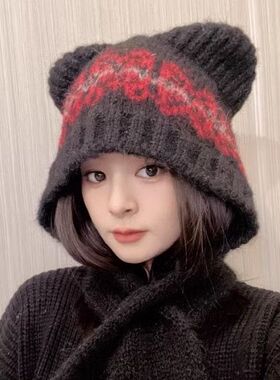 帽子秋冬脸小保暖护耳围巾套头一体可爱小熊毛线帽针织日系