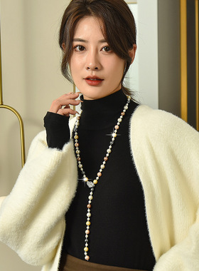 S家高白玻璃仿珍珠轻奢毛衣链大气时尚长款项链女高级感树叶吊坠