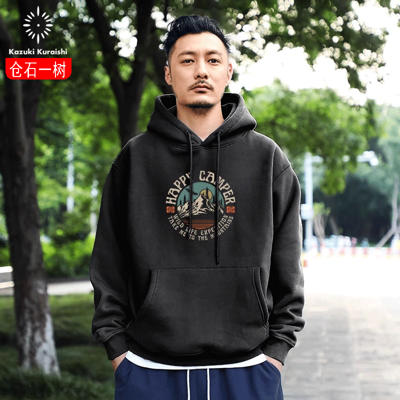仓树一石港风潮牌字母印花连帽卫衣男秋冬季宽松加绒情侣帽衫外套 - 图0