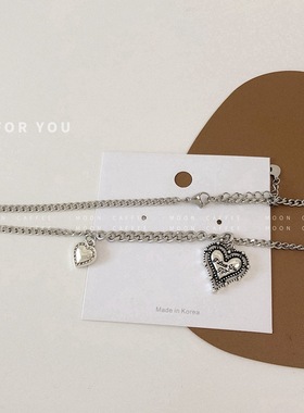 钛钢不褪色爱心项链女复古做旧心形吊坠毛衣链锁骨链ins小众超甜