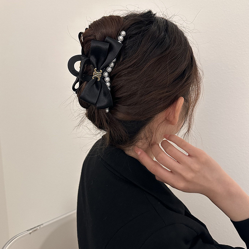 法式气质黑色双面蝴蝶结头饰发卡抓夹大号高级感发夹女后脑勺发饰 - 图0