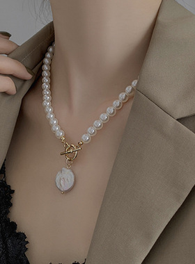 巴洛克珍珠圆片叠戴双层项链女轻奢小众设计感锁骨链气质颈链潮人