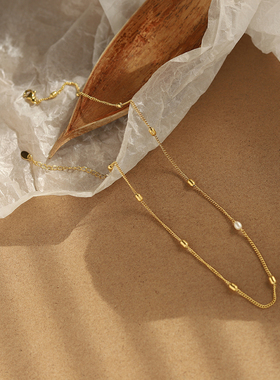 不褪色日韩风淡水珍珠迷你珠项链叠带锁骨链颈链choker钛钢镀K金