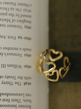 不褪色甜美风爱心甜心宽版开口可调节戒指金指环食指戒钛钢镀K金