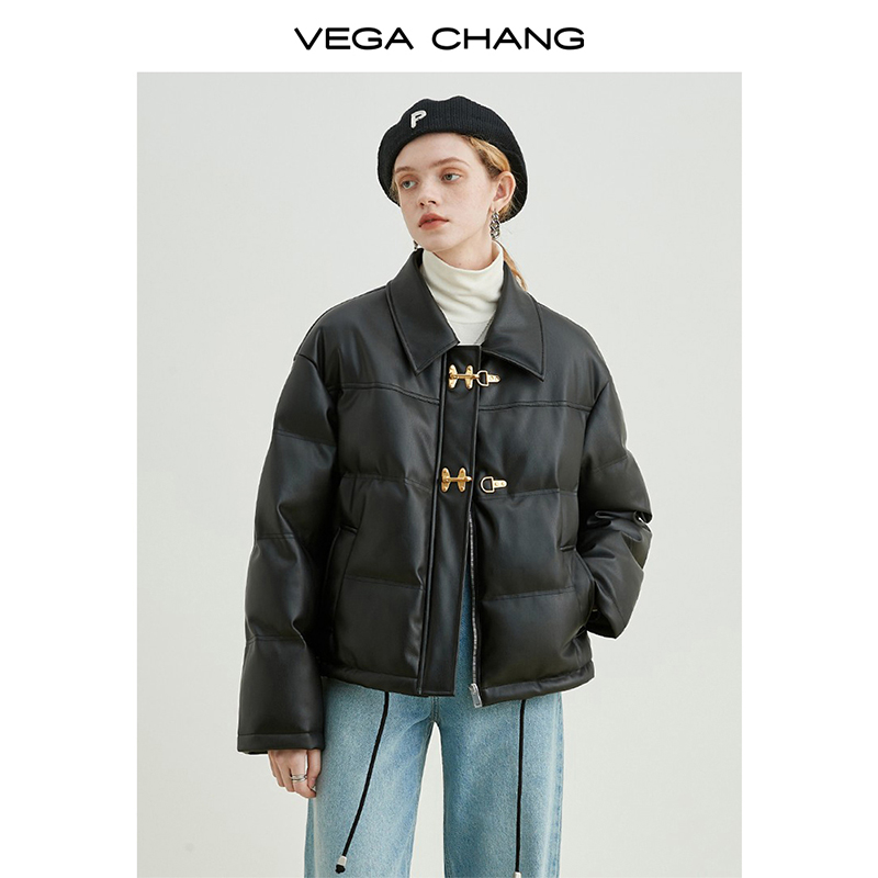 VEGA CHANG加厚PU皮羽绒服女2023年冬新款小个子白鸭绒保暖短外套