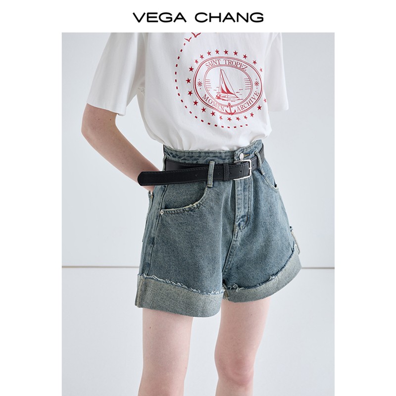 VEGA CHANG牛仔短裤女2024年夏新款设计感小众显瘦高腰卷边裤子