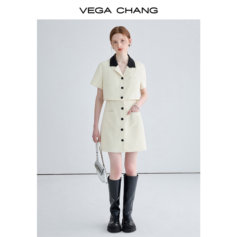 VEGA CHANG假两件连衣裙夏2024新款女高级感小个子显瘦法式裙子