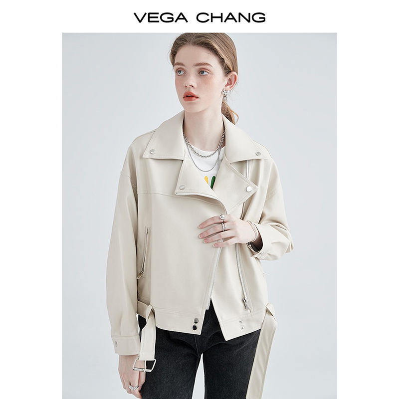 VEGA CHANG机车皮衣女春秋西装领BF风帅气pu皮夹克短外套ins潮-图2