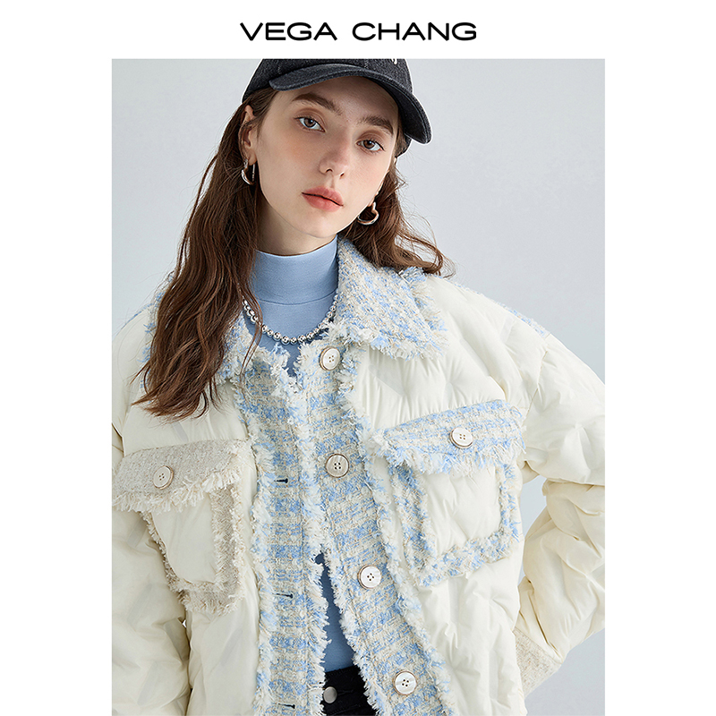 VEGA CHANG小香风羽绒服短款2023新款小个子粗花呢保暖羽绒外套-图2