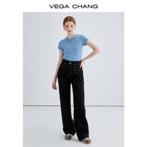 VEGA CHANG黑色牛仔裤女2024年春季新款中高腰明线直筒阔腿裤子-图0