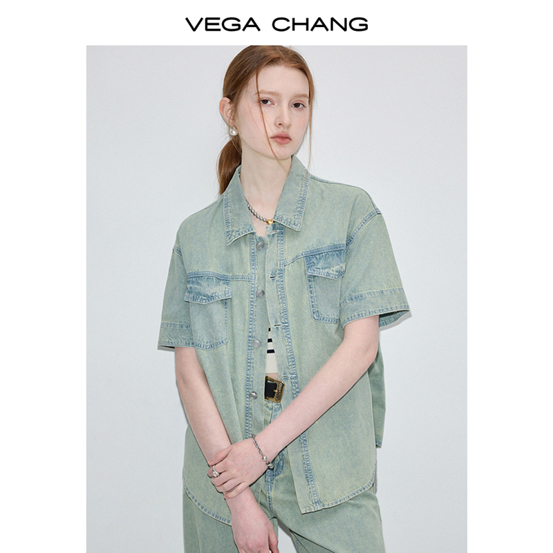 VEGA CHANG时尚套装女2024年夏季新款复古水洗牛仔外套裤子两件套