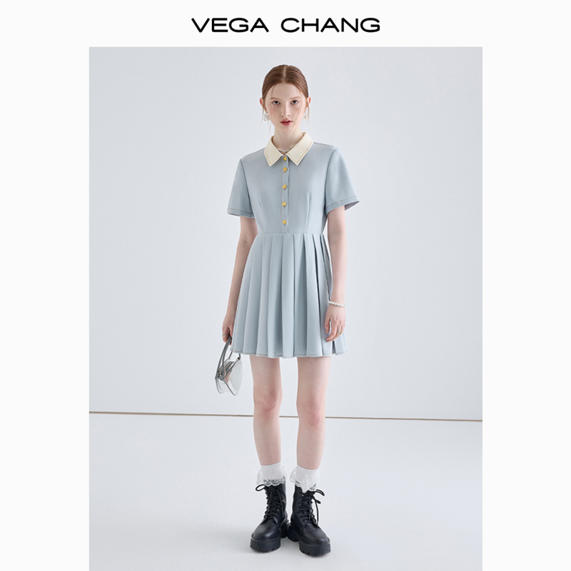 VEGA CHANG学院风连衣裙女2024夏季新款小个子显瘦气质法式百褶裙