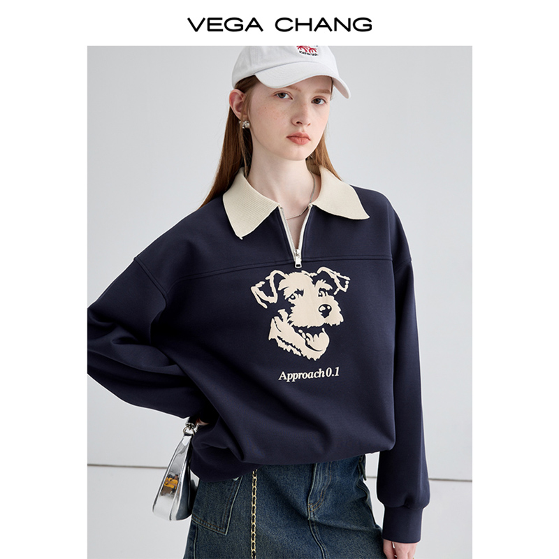 VEGA CHANG卫衣女小个子2024年秋季新款polo领印花外套卫衣ins潮