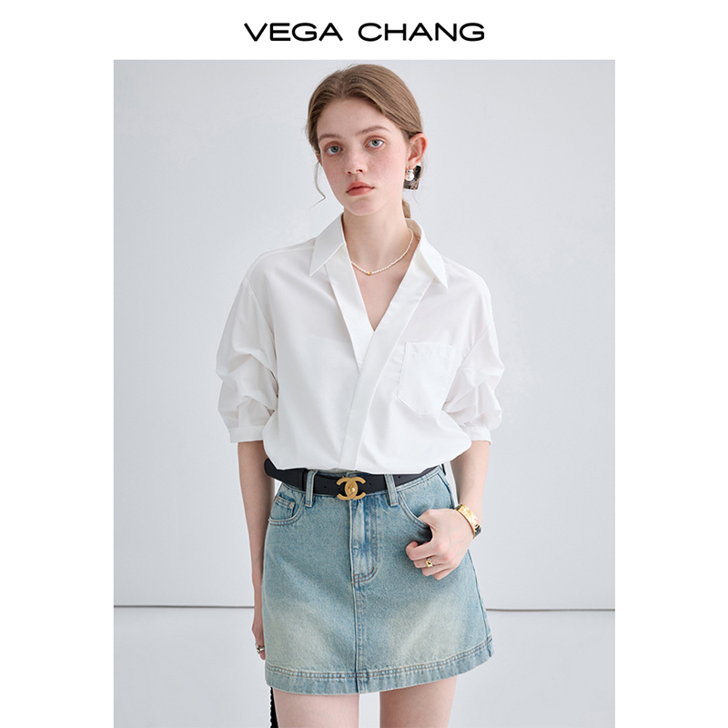 VEGA CHANG衬衫女2024年夏季新款法式简约设计感短袖气质减龄上衣-图1