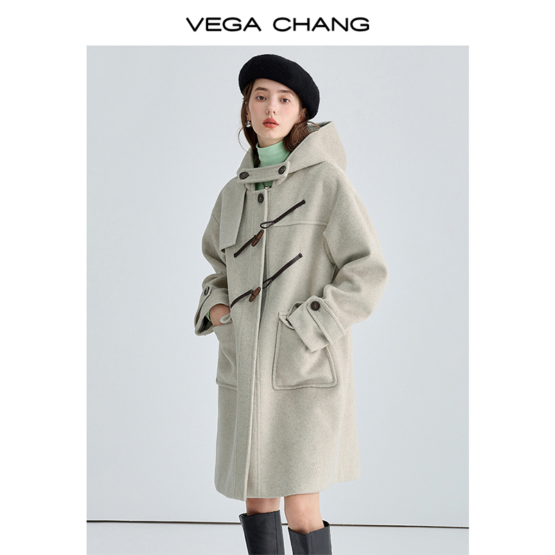 VEGA CHANG牛角扣呢子大衣女冬2023新款学院风加厚毛呢外套小个子