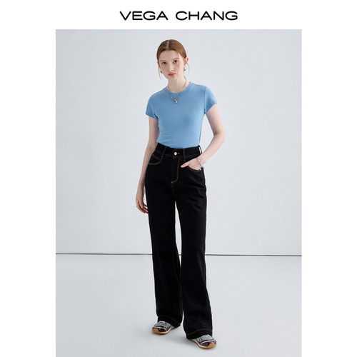 VEGA CHANG黑色牛仔裤女2024年春季新款中高腰明线直筒阔腿裤子-图1