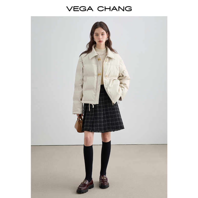 VEGA CHANG加厚PU皮羽绒服女2023年冬新款小个子白鸭绒保暖短外套