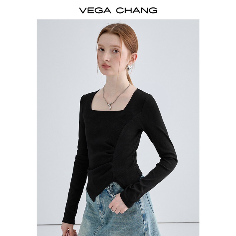 VEGA CHANG长袖t恤女2024年秋冬新款法式小众不规则针织打底上衣