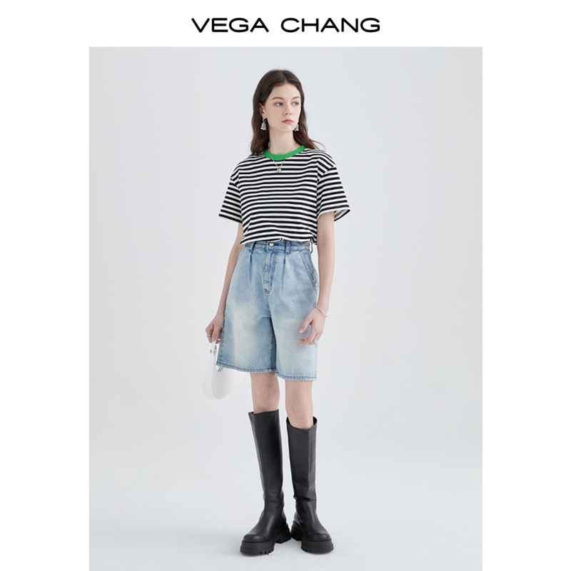 VEGA CHANG2024夏季新款打底衫女中袖条纹T恤时尚内搭拼色海魂衫 - 图0