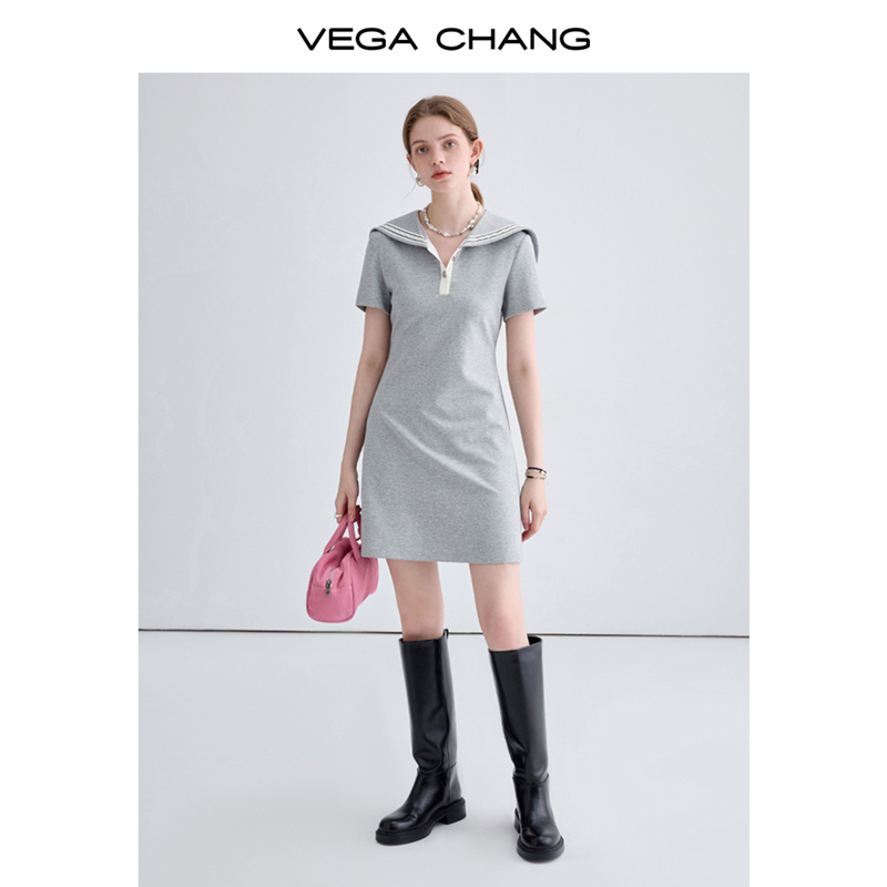 VEGA CHANG连衣裙女2024年夏季新款遮肉显瘦减龄海军领短袖针织裙-图0