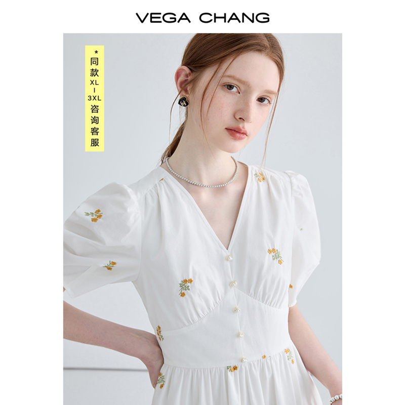 VEGA CHANG显瘦气质白色连衣裙女夏装2024年新款收腰法式桔梗裙子