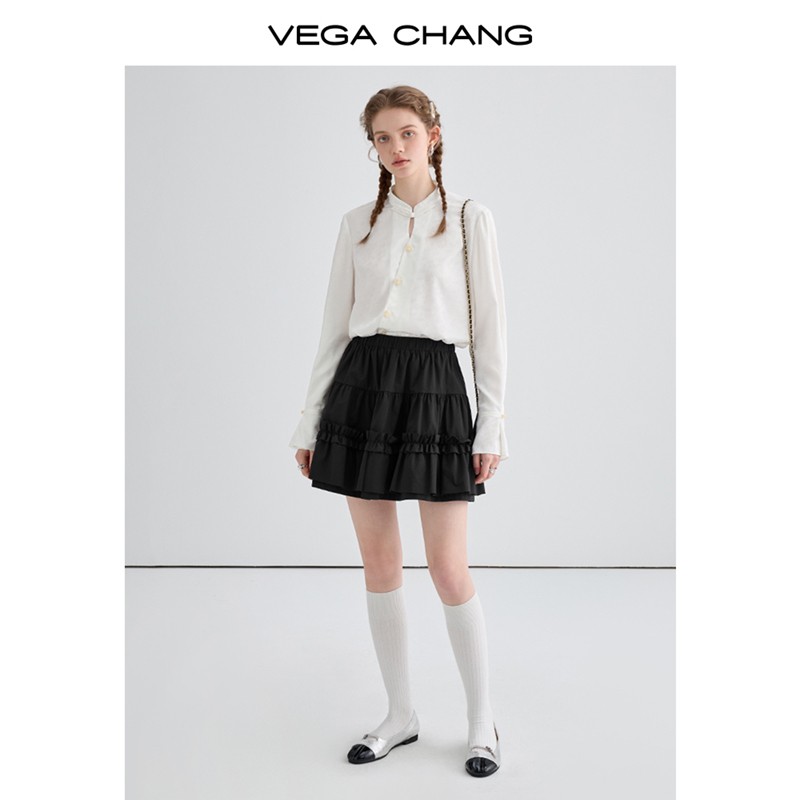 VEGA CHANG高腰半身裙女2024年秋季新款优雅双层花边蓬松蛋糕裙子