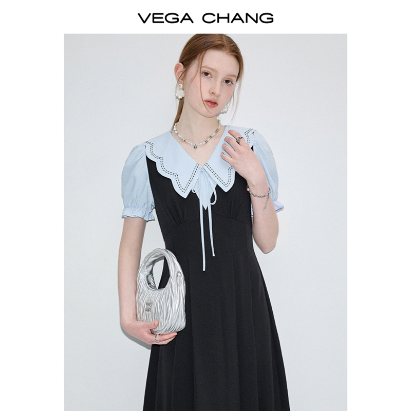 VEGA CHANG连衣裙女2024年夏季新款法式复古娃娃领假两件拼色长裙-图2