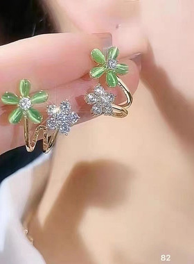 樱花耳钉小清新绿色耳环年新款潮小众设计感镶钻猫眼石耳饰品