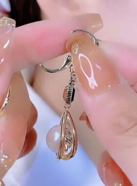 蓝色满钻水滴双面满钻珍珠耳扣耳环女重工轻奢网红百搭耳饰