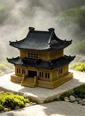 中式古风双层阁楼鱼缸造景摆件