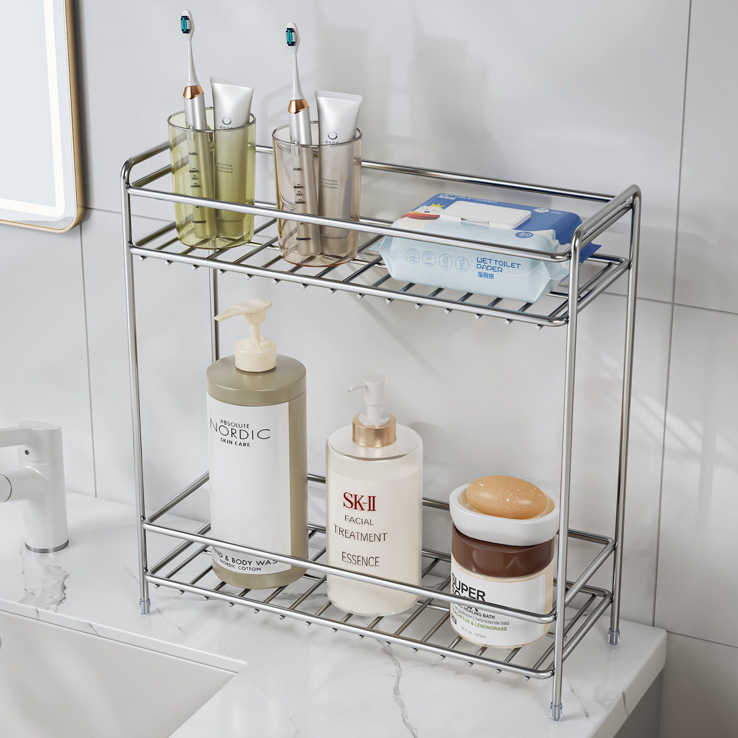 圣西陶洗漱台不锈钢置物架双层浴室收纳卫生间台面洗漱化妆品架子,淘宝优惠券,粉丝福利购,淘宝优惠卷