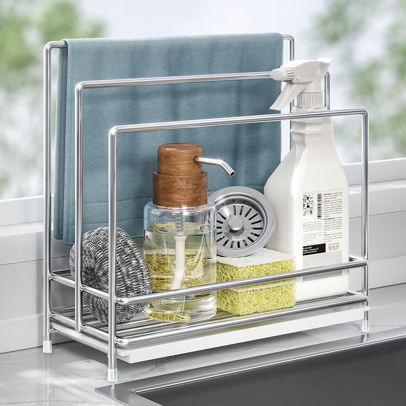 304不锈钢抹布架免打孔壁挂洗碗海绵收纳置物架厨房水槽沥水架子 - 图2