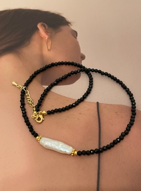 巴洛克珍珠黑尖晶石切面珠女项链