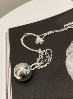 铜镀白银女实心大银球项链