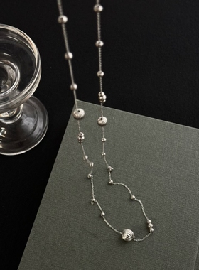 钛钢镀白金女长款圆球串珠项链