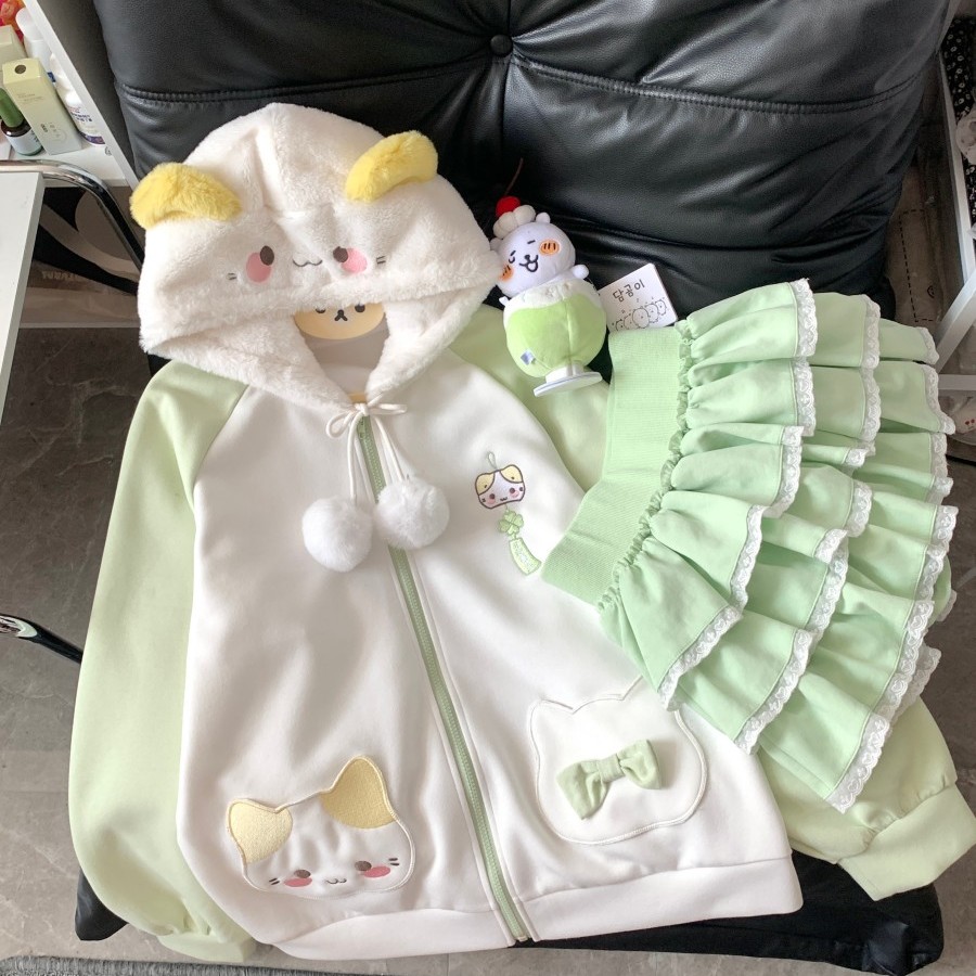 blurredbear原创日系软妹kt猫连帽开衫卫衣女秋冬季甜妹秋冬外套 - 图0