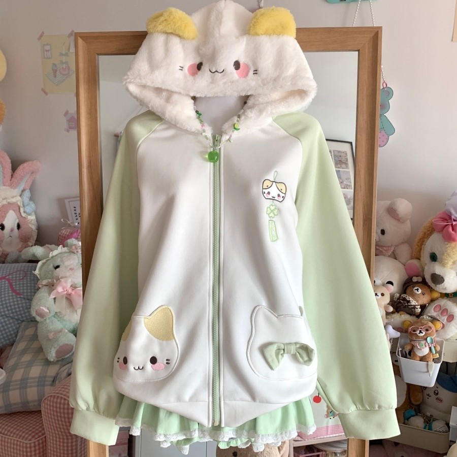 blurredbear原创日系软妹kt猫连帽开衫卫衣女秋冬季甜妹秋冬外套 - 图1