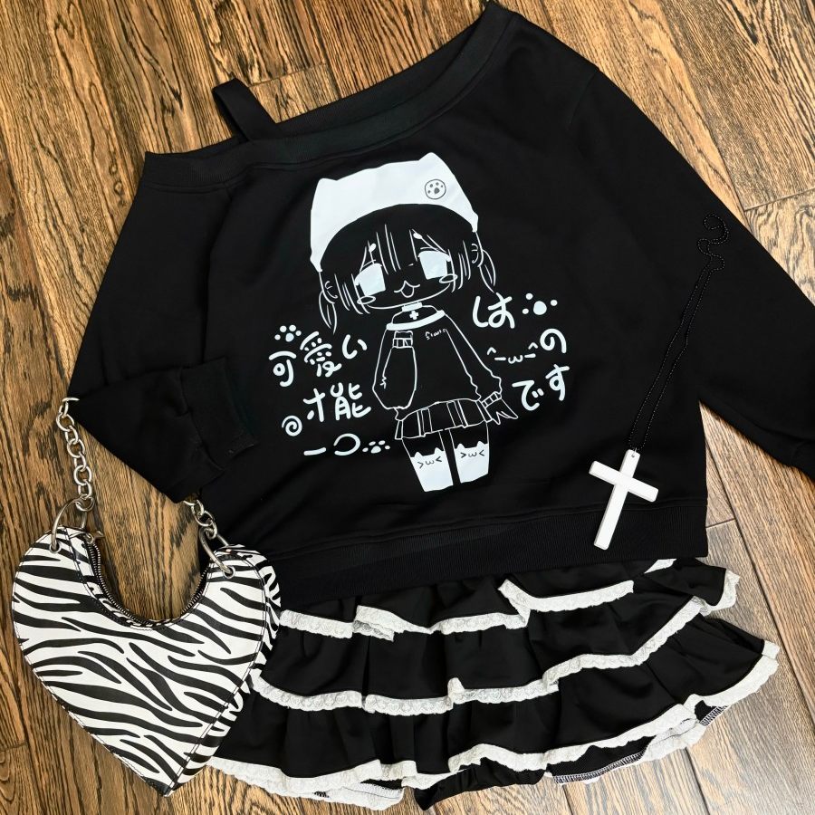 blurredbear原创日系萌感宅系圆领套头漏肩早秋长袖二次元卫衣女 - 图0