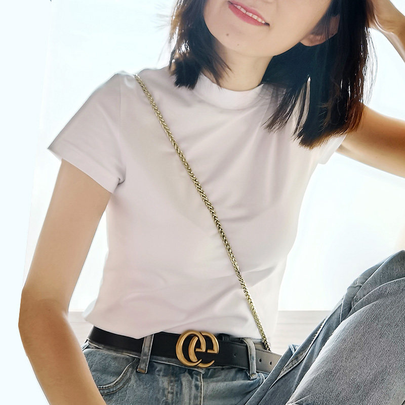 半高领短袖女修身纯棉孔雀蓝t恤 花汐拾T恤