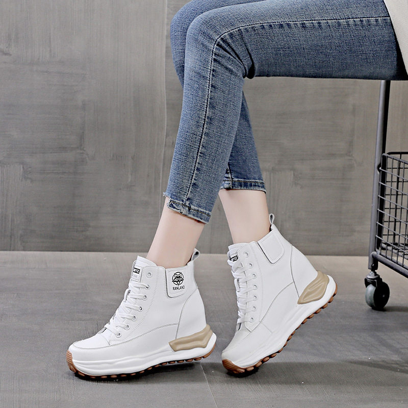 女鞋真皮秋新款松糕单鞋百搭高跟厚底内增高休闲高帮鞋子短靴,淘宝优惠券,粉丝福利购,淘宝优惠卷