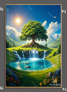 聚宝盆瀑布山水画客厅装饰画沙发背景墙招财风水晶瓷挂画可免打孔