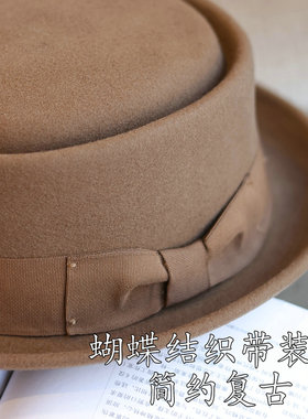 小凹平顶蝴蝶结欧美复古羊毛礼帽