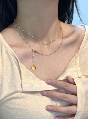 法式浪漫双层珍珠流苏蛇骨项链