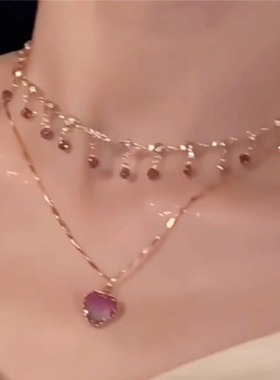 紫色爱心项链超仙双层叠戴锁骨链