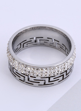 跨境钛钢长城纹镶钻情侣戒指