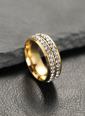 钛钢双排满钻情侣戒指