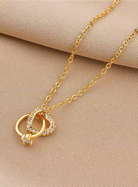 欧美钛钢玫瑰金双环锁骨链