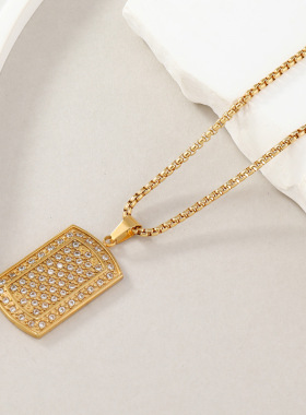 欧美潮流不锈钢满钻军牌项链