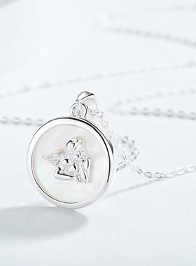 天使项链贝壳浮雕复古风硬币贝母